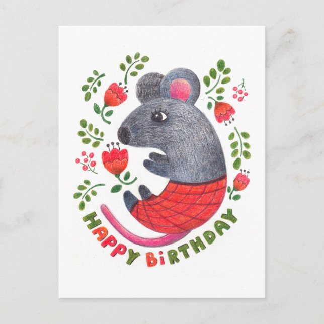 Pencil drawn mouse holiday postcard (Front)