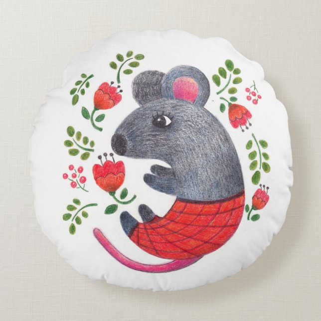 Pencil drawn mouse round cushion (Front)