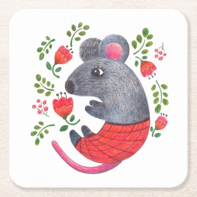 Pencil drawn mouse square paper coaster (Front)