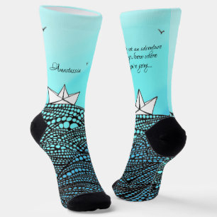 Pencil Drawn Paper boat motivational quote Socks