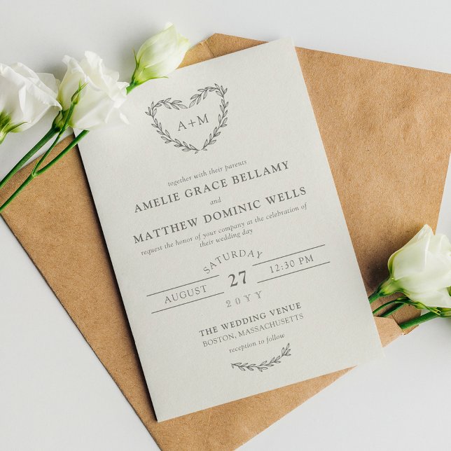 Pencil Grey Off White Heart Wreath 2 in 1 Wedding  Invitation (Creator Uploaded)
