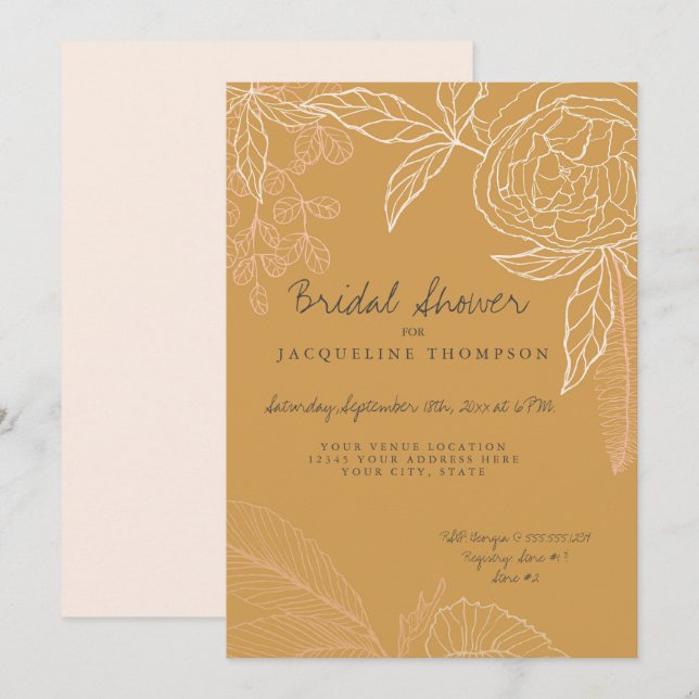 Pencil Line Art Harvest Gold Floral Peony Leaf Invitation (Front/Back)