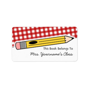 Pencil & Red Gingham School Book Label
