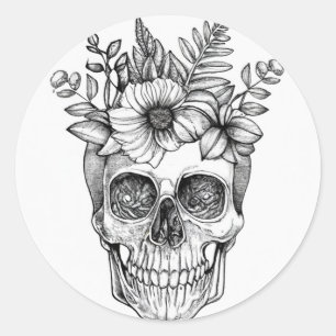 Pencil-Rendered Floral Skull Classic Round Sticker