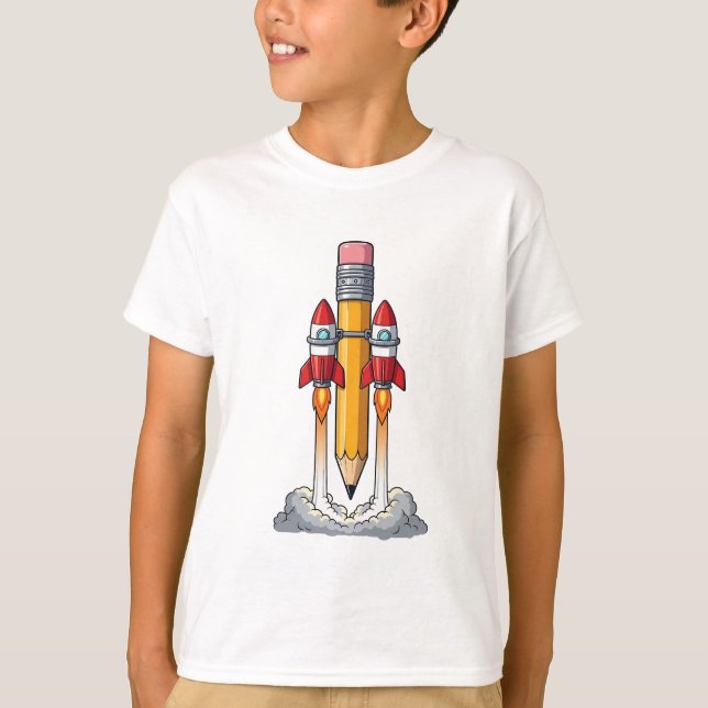 Pencil Rocket Blast Off Kids T-Shirt (Front)