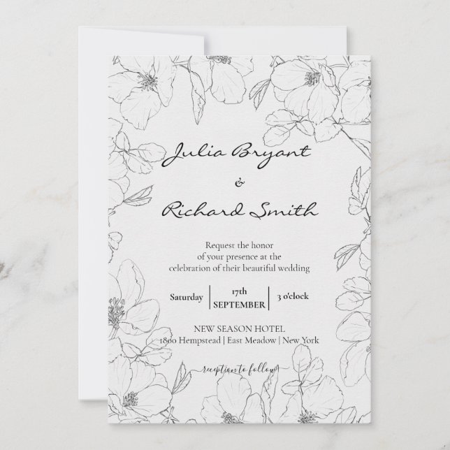 Pencil Sketch Floral | Peony Minimalist Wedding Invitation (Front)