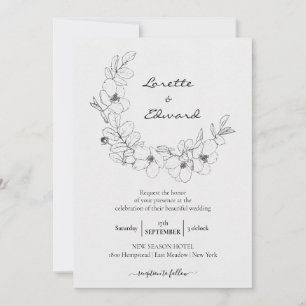 Pencil Sketch Floral Wreath   Minimalist Wedding Invitation