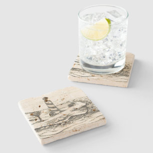 Pencil Sketch Lighthouse on island in the Sea Stone Coaster