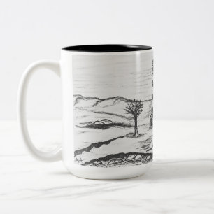 Pencil Sketch Lighthouse on island in the Sea Two-Tone Coffee Mug