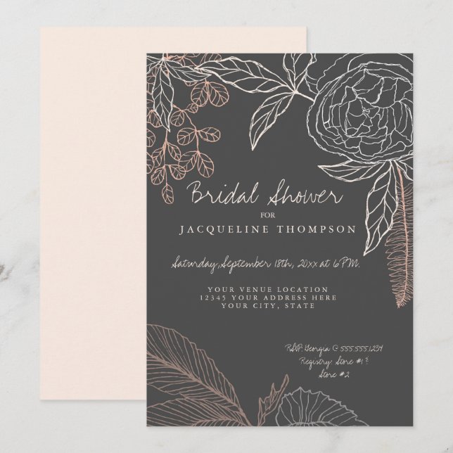 Pencil Sketch Line Art Charcoal Floral Peony Leaf Invitation (Front/Back)
