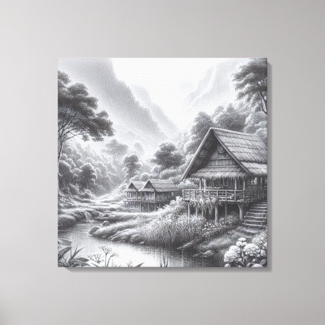 Pencil Sketch of a Cosy Hut by a Flowing River Canvas Print (Front)