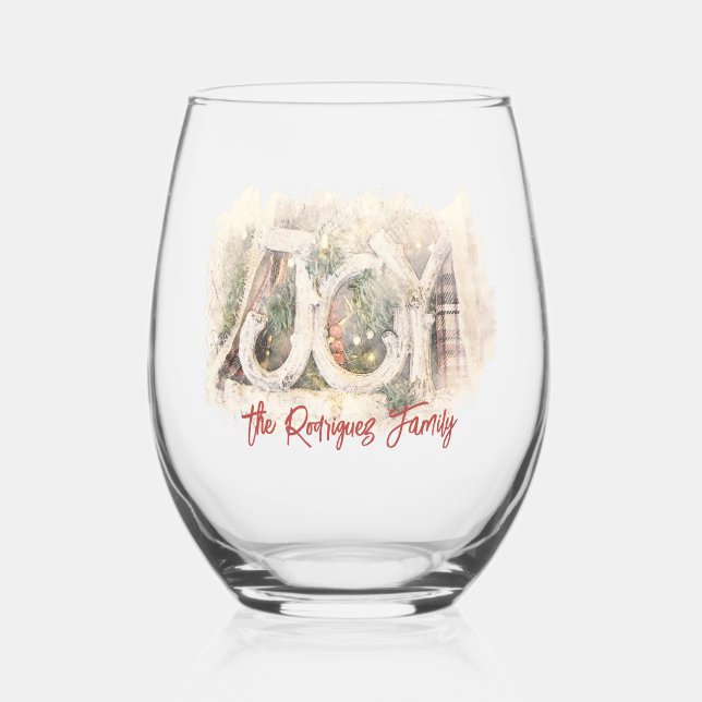 Pencil Sketch Rustic JOY Christmas Art Stemless Wine Glass (Left)