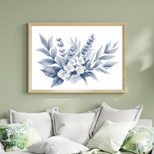 Pencil Sketch Silver Grey White Florals Poster