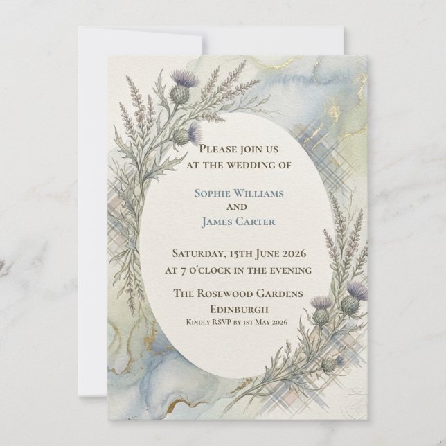 Pencil Sketch Thistle Oval Wedding Invitation (Front)