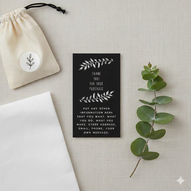 Pencil sketched leaves enclosure card (Black botanical thank you for your purchase insert card.)