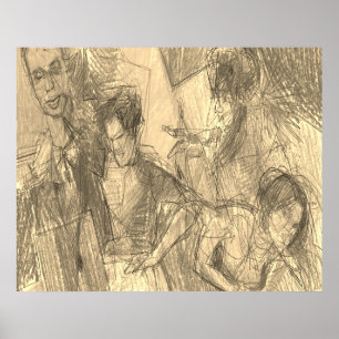 Pencil Style Drawing of a Group Of Friends on Wall Poster
