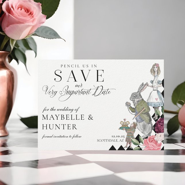 Pencil Us In Alice In Wonderland Chequerboard Save The Date (Pencil Us In Alice In Wonderland Checkerboard Save The Date)