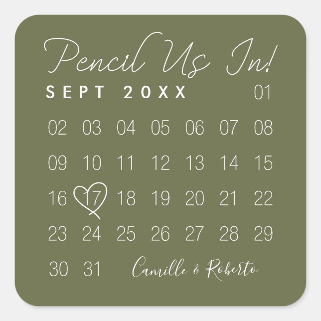 Pencil Us In Minimal Green Calendar Save The Date Square Sticker (Front)