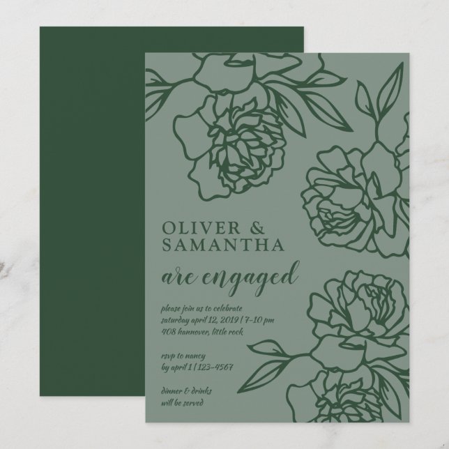Penciled Peonies Emerald Green Engagement Party Invitation (Front/Back)