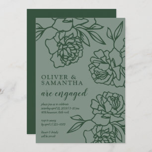 Penciled Peonies Emerald Green Engagement Party Invitation