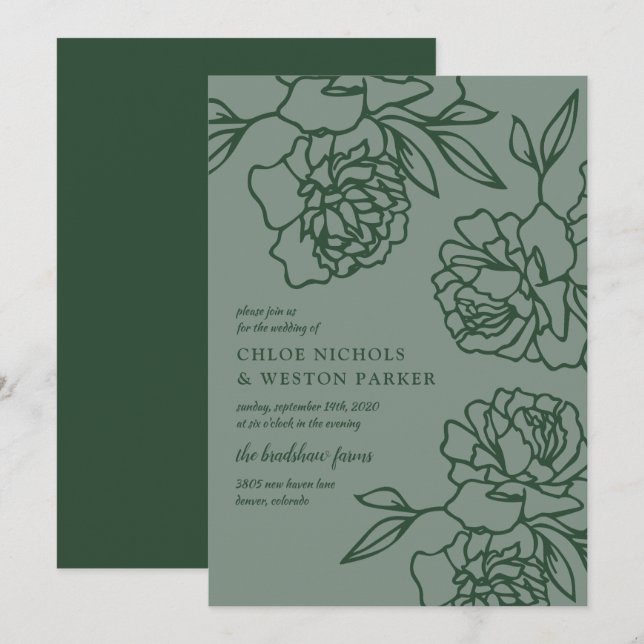 Penciled Peonies Modern Emerald Green Wedding Invitation (Front/Back)