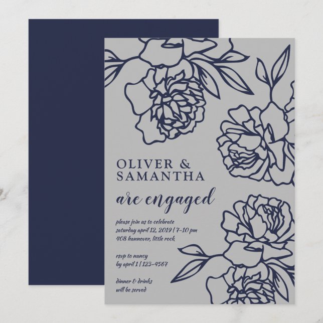 Penciled Peonies Modern Navy Grey Engagement Party Invitation (Front/Back)