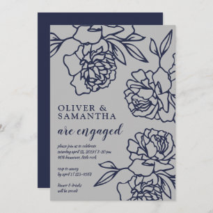 Penciled Peonies Modern Navy Grey Engagement Party Invitation