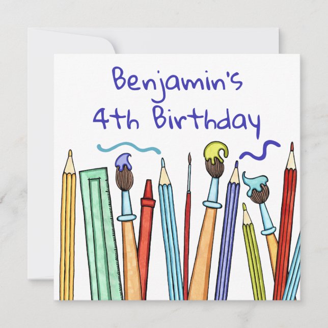 Pencils and Paintbrushes Birthday Invitation (Front)