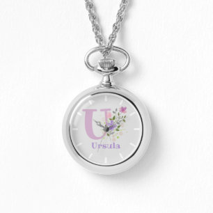 Pendant Watch - Floral Design with Name & Initial