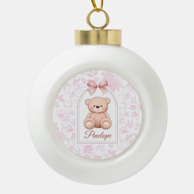 Penelope | Custom Pink Teddy Bear Nursery Design  Ceramic Ball Christmas Ornament (Front)
