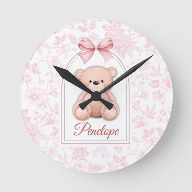 Penelope | Custom Pink Teddy Bear Nursery Design  Round Clock (Front)