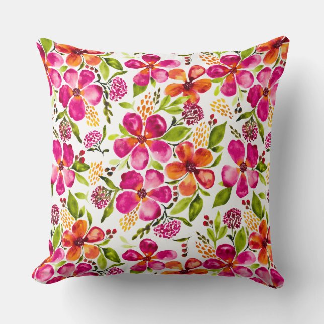 Penelope Watercolor Floral Reversible Pink/Orange  Cushion (Front)