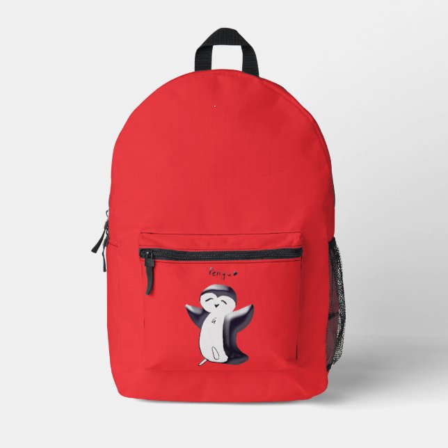 Pengu Happy Penguin Kids Black-Red Printed Backpack (Front)