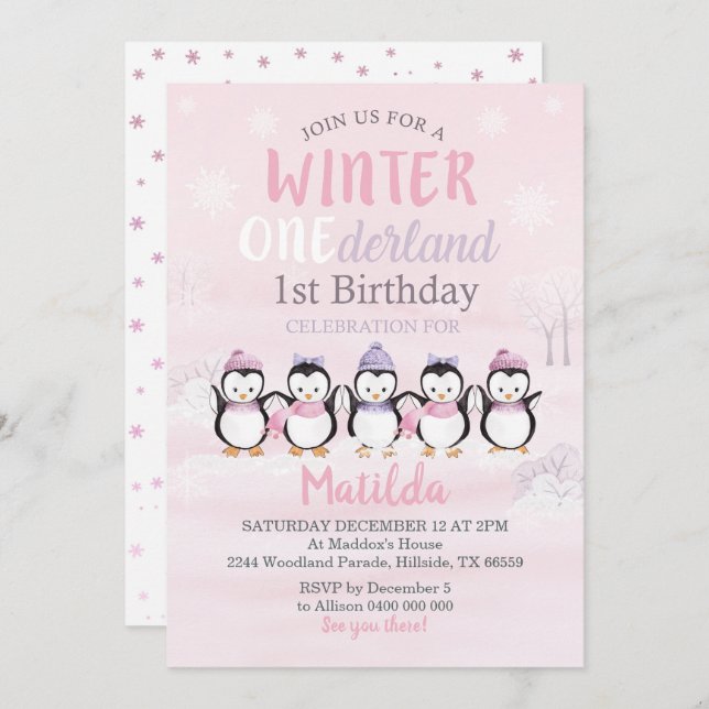Penguin 1st Birthday Invitation Winter Onederland (Front/Back)