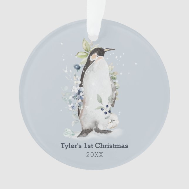 Penguin 1st Christmas Blue Personalised Ornament (Front)
