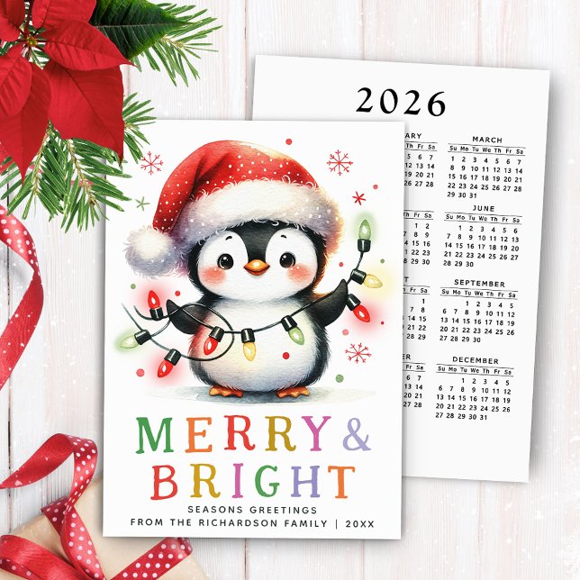 Penguin 2026 Calendar Merry and Bright Christmas Holiday Card (Merry and Bright Greeting Card with a Cute Penguin Holding Christmas Lights)