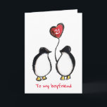 Penguin 21st birthday or any age boyfriend card<br><div class="desc">Personalised 21st birthday boyfriend penguin card.
The perfect romantic and illustrated card for a man or woman to give their boyfriend when he reaches twenty-one years old.
The messages on the front and inside can be customised as desired and the age shown can also be changed.</div>