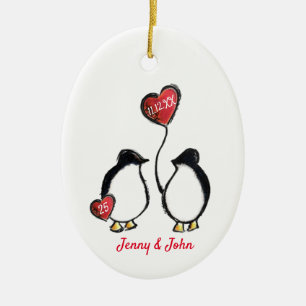 Penguin 25th silver wedding anniversary ceramic tree decoration