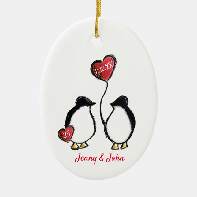 Penguin 25th silver wedding anniversary ceramic tree decoration (Front)