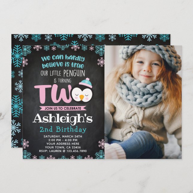 Penguin 2nd Birthday Invitation with Photo (Front/Back)