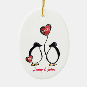 Penguin 40th ruby wedding anniversary ceramic tree decoration
