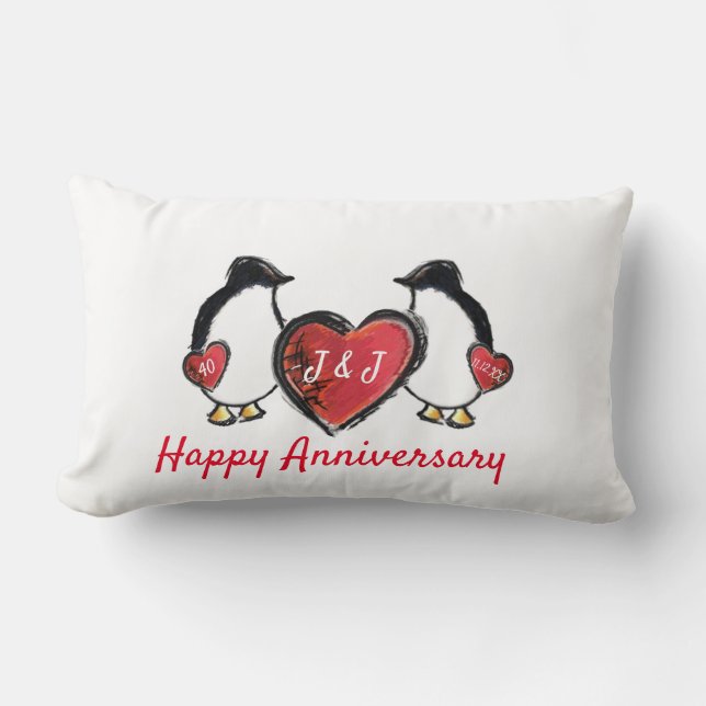 Penguin 40th ruby wedding anniversary lumbar cushion (Front)