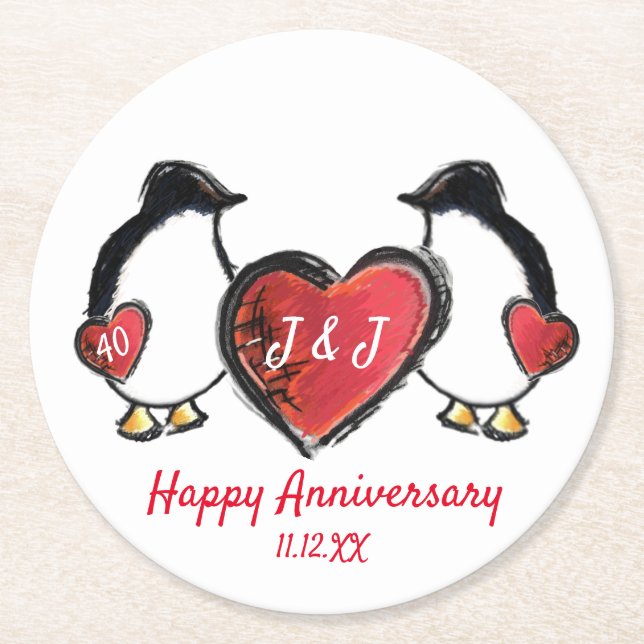 Penguin 40th ruby wedding anniversary round paper coaster (Front)
