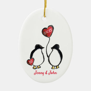 Penguin 50th golden wedding anniversary ceramic tree decoration