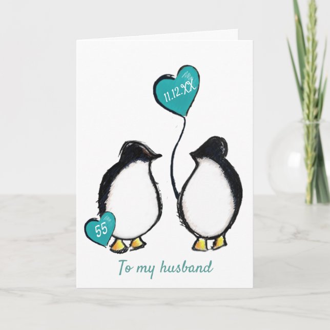 Penguin 55th emerald wedding anniversary husband card (Front)