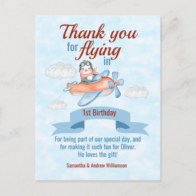 Penguin Aeroplane Blue 1st Birthday Thank You Card (Front)