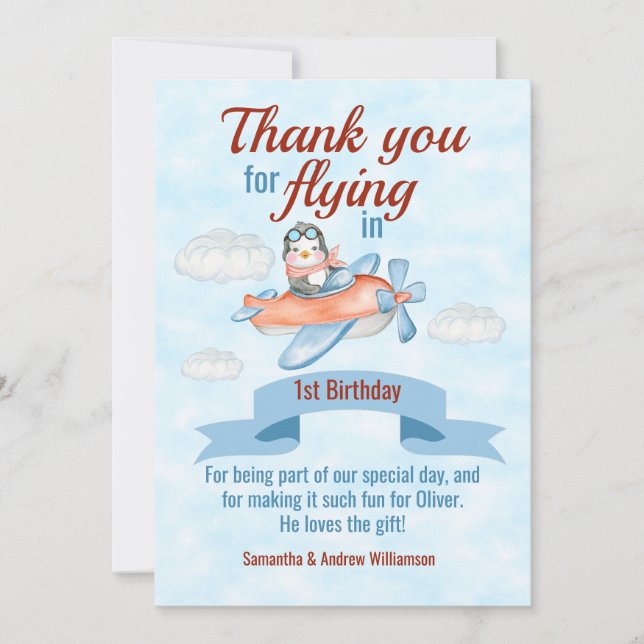 Penguin Aeroplane Blue 1st Birthday Thank You Card (Front)