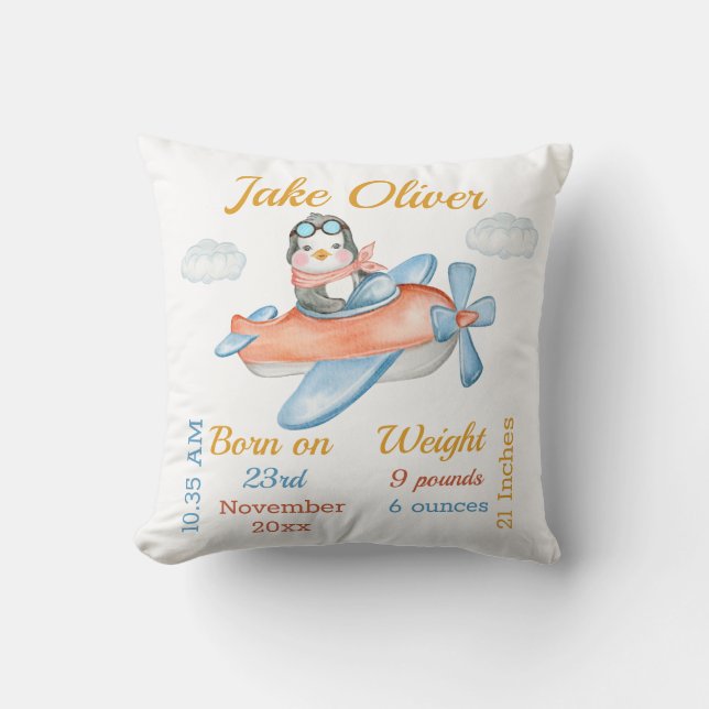 Penguin Aeroplane Blue Baby Boy Stats Cushion (Front)