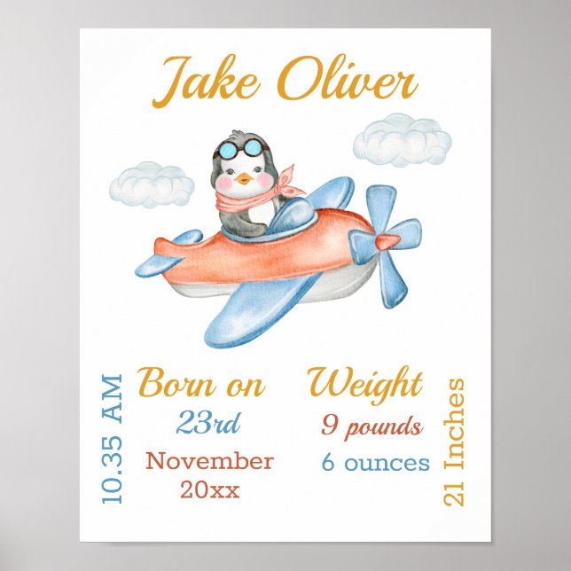 Penguin Aeroplane Blue Baby Boy Stats Poster (Front)