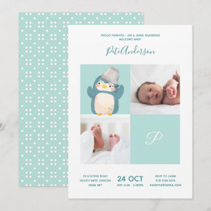 Penguin • Alphabet Monogram Cute Baby Shower Invitation